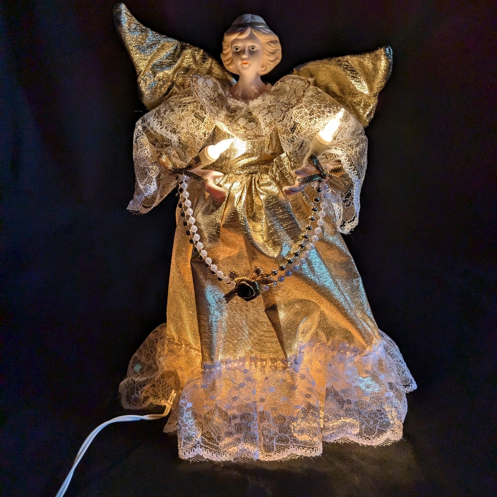 VTG Angel Christmas Tree Topper  Illuminated Works Porcelain  Gold Dress & Trim